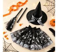 Set di 3 pezzi costume da strega Ognissanti con zucca argento, include gonna in rete stampata + scopa da strega + cappello a punta, abito da piccola strega, adatto per eventi di Ognissanti, feste a te