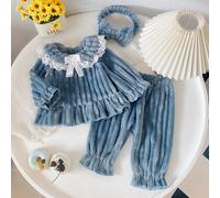 Set di 3 pezzi da bambina elegante e romantico, con top a maniche lunghe con colletto Peter Pan in pizzo floreale, pantaloni e fascia per capelli con fiocco, in morbido pile spesso e costine, delicato