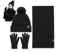 Set di 3 pezzi da donna con cappello, sciarpa e guanti, beige | Berretto foderato in pile, sciarpa lavorata a maglia, guanti touchscreen, set caldo coordinato per pendolari e viaggi