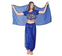 Set di 3 pezzi da donna per danza del ventre, biancheria indiana con paillette per costume da principessa, completo da danza e da ballo e con catena per la testa di barbazzale blu Taglia unica
