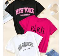 Set di 3 pezzi da ragazza pre-adolescente con magliette a maniche corte con stampe di lettere dal design, con motivi di cultura urbana di New York, testi parigini e disegni di Los Angeles 8Y,9Y,10Y,11