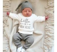 Set di 3 pezzi di abbigliamento per neonati, composto da body con ricamo "HELLO", pantaloni e cappello, adatto per servizi fotografici di neonati da 1 a 100 giorni, per bambino/a 0-1M,1-3MLetterePolie