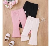 Set di 3 pezzi di pantaloni a zampa di bambina per primavera/estate, inclusi i colori classici rosa, albicocca e nero, realizzati in tessuto morbido a costine per un comfort e una flessibilità tutto i