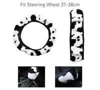 Set di 3 pezzi di peluche auto con motivo a mucca in bianco e nero: morbidi e caldi coprivolante, cambio e freno a mano, antiscivolo, traspiranti, adatti per ruote da 38 cm, ideale per l'inverno