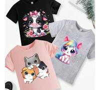 Set di 3 pezzi di ragazze giovani: Maglietta a manica corta con stampa di figure carine, casual e con collo tondo per l'estate 6Y,7Y,8Y,9Y,10Y,11-12Y,4Y,5Y,13-14YAnimale,Fumetto,Geometrico,LettereTess