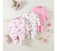 Set di 3 pezzi di tutine con piedini a maniche lunghe per neonati, con design stampato combinato a colori uniti, motivo a farfalla, stile carino, tessuto morbido e confortevole 6-9M,0-1M,1-3M,3-6MGeom
