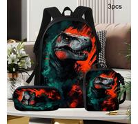 Set di 3 pezzi di zaino a tema dinosauro con cinghie regolabili e doppie cerniere, include zaino, borsa a tracolla e astuccio, stile, ideale per la scuola e l'uso quotidiano. Animale,HalloweenOxford