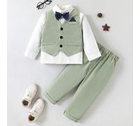 Set di 3 pezzi elegante per ragazzo giovane adatto per matrimonio/palcoscenico, composto da: gilet slim fit monocolore, pantaloni casual, papillon rimovibile a pois. Caratterizzato da un fazzoletto da