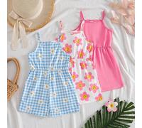Set di 3 pezzi in maglia di seta di latte per bambine di 4-7 anni, stile casual e dolce per le vacanze: colore unito + grande fiore in faccia + stampa a margherite a quadri, tutina morbida e confortev