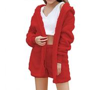Set di 3 pezzi in pile da donna, pigiameria, 3 pezzi, a maniche lunghe, con cappuccio, senza pancia, top e largo, in pile coral, Colore: rosso, 3XL