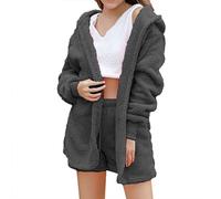 Set di 3 pezzi in pile da donna, pigiameria, 3 pezzi, a maniche lunghe, con cappuccio, senza pancia, top e largo, in pile coral, grigio., 3XL