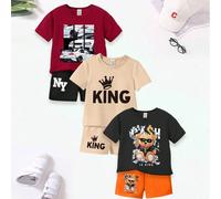Set di 3 pezzi per bambino: 1 Maglietta a maniche corte con stampa di orso, auto con silhouette di corona e slogan a lettere e 1 paio di Shorts a stampa di cartoni animati divertenti 6-9M,9-12M,12-18M