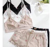 Set di 3 pezzi per donna con reggiseno a balconcino semplice e con stampa floreale con volant, set da 2 pezzi L,M,S,XLGeometrico,Piante,stampa dappertuttoTessuto in maglia