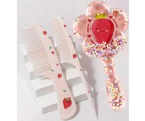 Set di 3 pezzi per la cura dei capelli per ragazze, include 1 pettine bagnato/asciutto e 1 spazzola massaggiante, spazzola con setole morbide a tema fragola AURA ACCENTS, progettata per ragazze e raga