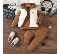 Set di 3 pezzi per neonato maschio: gilet con patch a lettera, felpa con cappuccio foderata in termico, e pantaloni della tuta, completo di vestiti caldi e resistenti al vento adatto per attività all'