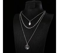 Set di 3 pezzi/Set Collana con ciondolo vintage in acciaio inossidabile a strati con luna & stella, catena con moneta in smalto nero & fermagli per uso quotidiano da donna, regalo Tagli UnicaAcciaio i