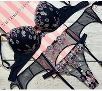 Set Di 3 Pezzi Victoria's Secret Dream Angels Push Up Bra Thong Garter Blu