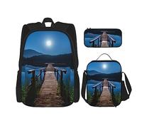 Set di 3 pezzi, zaino con fiori tropicali, borsa a tracolla regolabile con astuccio portapranzo, Cavalletto in legno vicino all'acqua, Taglia unica, Zaino daypack