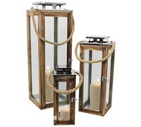 Set di 3 pezzidi lanterne, altezza 34/50/70 cm con manico in corda, color naturale/argento, ideale per giardino, come portacandele, come illuminazione da esterni, per votivi
