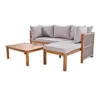 Set di 3 poltrone da giardino con struttura in legno di acacia, braccioli in corda grigia, set di mobili da giardino a forma di L, cuscino e cuscino grigio chiaro, gambe regolabili, 2 Loveseats e 1
