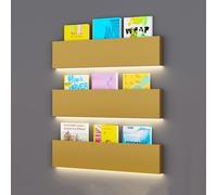 Set di 3 portariviste in metallo da parete, mensole sospese con luci a LED, organizer per documenti e brochure, per soggiorno, bambini, ufficio e arredamento per la casa(Gold)