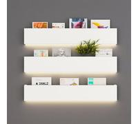 Set di 3 portariviste in metallo da parete, mensole sospese con luci a LED, organizer per documenti e brochure, per soggiorno, bambini, ufficio e arredamento per la casa(White)