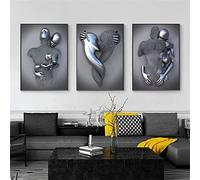 Set di 3 poster artistici moderni - statuetta in metallo 3D arte dell'amore cuore bacio immagini da parete - senza cornice - decorazione da parete per soggiorno, decorazione da parete (A,40 x 50 cm)