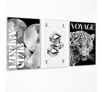 Set di 3 poster da parete su tela senza cornice in bianco e nero, dipinto di ghepardo per copertina di rivista di moda, immagine di discoteca con sfera da ballo per bar di lusso, stampa trendy di baci