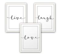 Set di 3 poster di alta qualità, stampa artistica, live laugh love, immagine decorativa per la vostra parete, con cornice, per soggiorno, camera da letto, stile moderno, DIN A4/A3, Cornice bianca., A4