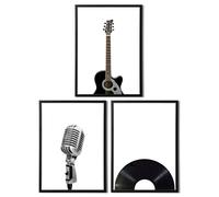 Set di 3 poster musicali vintage, arte da parete retrò in bianco e nero con chitarra, microfono e CD in vinile, disponibile in A4 e A3 su carta opaca, decorazione da parete per musica/soggiorno (solo