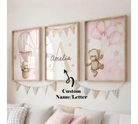 Set di 3 poster su tela senza cornice personalizzabili - Decorazione murale con nome personalizzato, decorazione murale con orsacchiotto personalizzabile, decorazione murale con orsacchiotto e nome pe