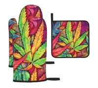 Set di 3 presine da forno e presine resistenti al calore, multicolore, motivo foglie, erbacce, guanti da forno in silicone, antiscivolo, per cucinare e barbecue
