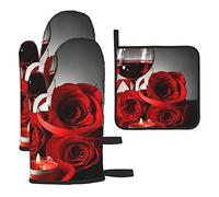 Set di 3 presine e guanti da forno con calice da vino rosso e candela, resistenti al calore, alla moda, per cucinare, grigliare, barbecue, facili da lavare.