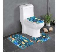 Set di 3 protezioni per il bagno, per camera da letto, cucina, vasca da bagno, tappeto decorativo in peluche, tappeto assorbente blu sottomarino World of Fish