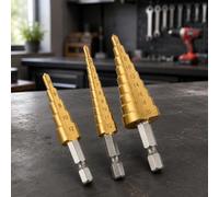 Set di 3 punte per trapano a gradino, 3-20 mm, HSS, codolo esagonale da 1/4 | Utilizzare il set di frese in tre pezzi per la foratura di lamiere, legno e PVC supportati con diametri a gradini e