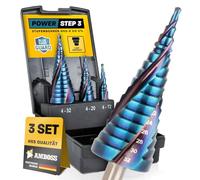 Set di 3 punte per trapano a gradino, diametro 4 - 12 + 4 - 20 + 4 - 32 mm, punta conica professionale per metallo, HSS-E Co 5%, incudine PowerStep 3 TiAlSiN Blue Nano Guard/per acciaio, Inox