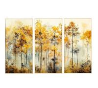 Set di 3 quadri di una foresta in legno con cornice in giallo e marrone, 40 x 3,2 x 80 cm