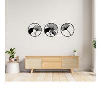 Set di 3 quadri rotondi con foglie di Ginkgo Biloba - Decorazione Minimalista e Moderna Asiatica in Nero - Arte da parete per soggiorno o camera da letto - Misure XL e L