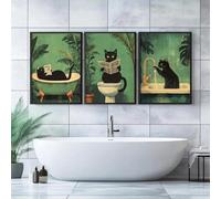 Set di 3 quadri su tela Poster Astratto Divertente Bagno Gatto Nero Retrò Animale Toilette Cafe Bar Verde Parete Stampe d'Arte Regalo Camera Da Letto Soggiorno Dormitorio Galleria Corridoio Decor Imma