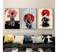 Set di 3 quadri su tela Poster Cultura Giapponese Donne Geisha Samurai Katana Kimono Beige Grigio Parete Art Stampe Regalo Camera Da Letto Soggiorno Dormitorio Galleria Corridoio Decor Immagine,30x40