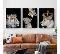 Set di 3 quadri su tela Poster Famiglia di leoni moderni con corona genitori e bambini animale bianco e nero Parete Art Stampe Regalo Camera Da Letto Soggiaorno Dormitorio Galleria Corridoio Decor Imm