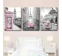 Set di 3 quadri su tela Poster moderna torre grigia rosa cabina telefonica ombrello bus rosa chiaro Parigi tema parete arte stampe regalo ragazze camera da letto Soggiorno Dormitorio Galleria Corridoi