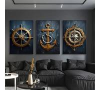 Set di 3 quadri su tela Poster retrò astratto tema nautico bronzo timone ancora bussola costiera blu scuro parete arte stampe regalo camera da letto Soggiorno Dormitorio Galleria Corridoio Decor Immag