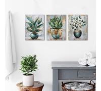 Set di 3 quadri su tela Poster Verde Dorato Verde Botanica Salvia Piante Grasse Piante Grasse Boho Foglie Parete Art Stampe Regalo Camera Da Letto Soggiorno Dormitorio Galleria Corridoio Decor Immagin