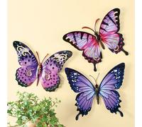 Set Di 3 Rosa E Farfalla Viola Interno/Esterno Metallo Recinto Parete Sculture