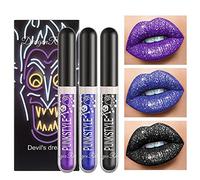 Set di 3 rossetti liquidi glitterati con glitter, colore nero, viola, blu, set di rossetti liquidi scintillanti, luccicanti, lucidi, per donne (set-D)