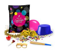 Set di 3 sacchetti di cotone premium per capodanno. Ogni sacchetto contiene 8 pezzi: palloncino, collana, occhiali, serpentina, naso, cappello, spaventasegra e tromba. Fine anno.