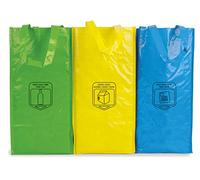 Set di 3 sacchetti per il riciclo durevoli, con sacchetti per riciclo blu, verde e giallo per riciclare plastica, vetro, carta e cartone, 23 l, con maniglie.