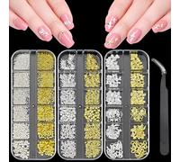 Set di 3 scatole per nail art satiskid con pinzette per unghie, oro e argento, a forma di stella, accessori per la progettazione delle unghie, 36 tipi di ciondoli per nail art 3D con pinzette per