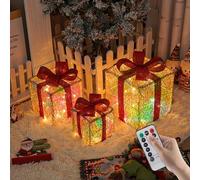 Set di 3 Scatole Regalo Illuminate di Natale, Confezione Regalo Decorativa a LED, Pacchi Regalo Luminosi Natale con Telecomando E Timer, 8 Modalità Luminose Scatole Natalizia, Pacchi Luminosi Natalizi